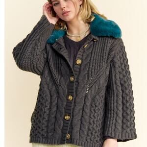 Fluffy Cable Knit Button Front Cardigan with Fuzzy Collar Charcoal Teal